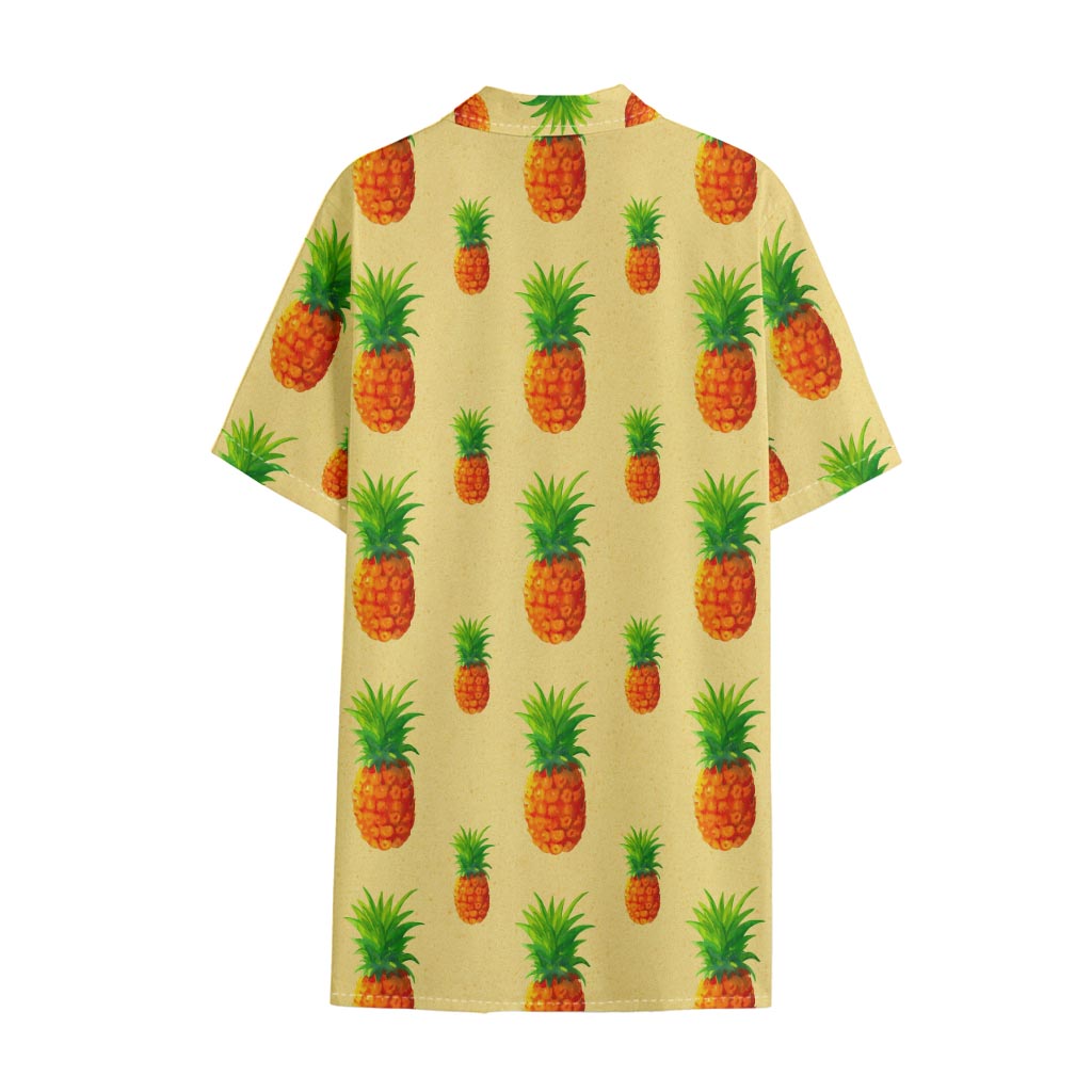 Beige Watercolor Pineapple Pattern Print Cotton Hawaiian Shirt
