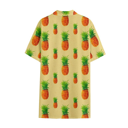Beige Watercolor Pineapple Pattern Print Cotton Hawaiian Shirt