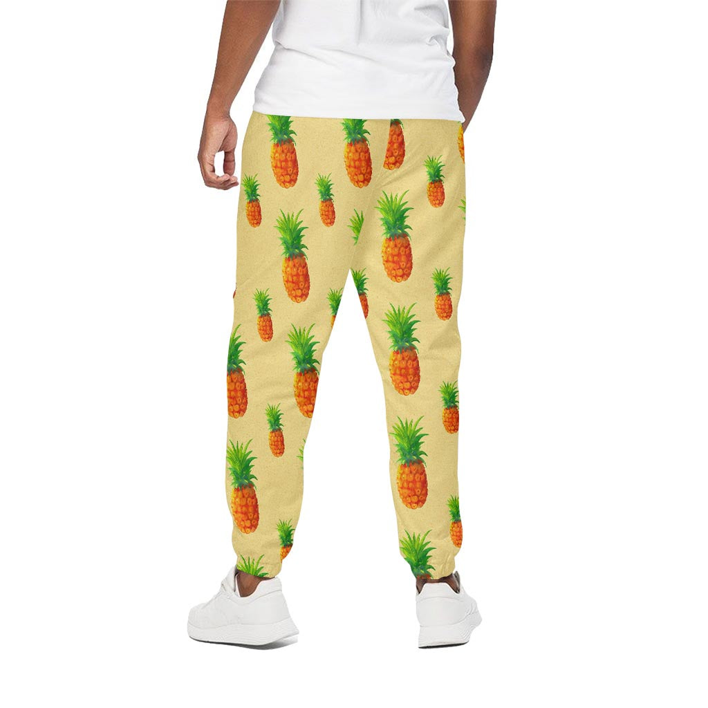 Beige Watercolor Pineapple Pattern Print Cotton Pants