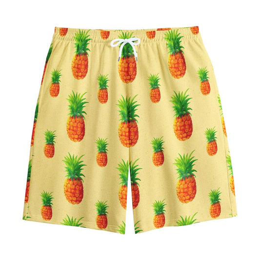 Beige Watercolor Pineapple Pattern Print Cotton Shorts