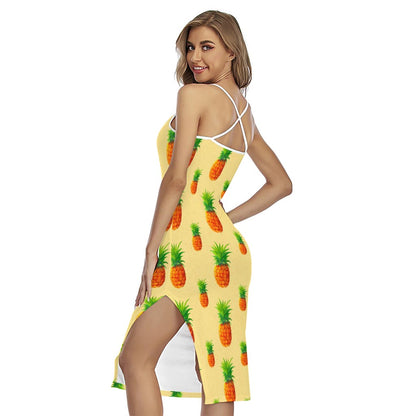 Beige Watercolor Pineapple Pattern Print Cross Back Cami Dress