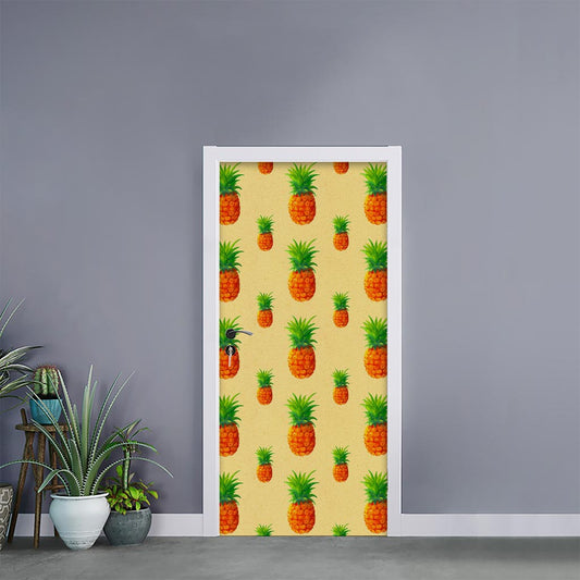 Beige Watercolor Pineapple Pattern Print Door Sticker