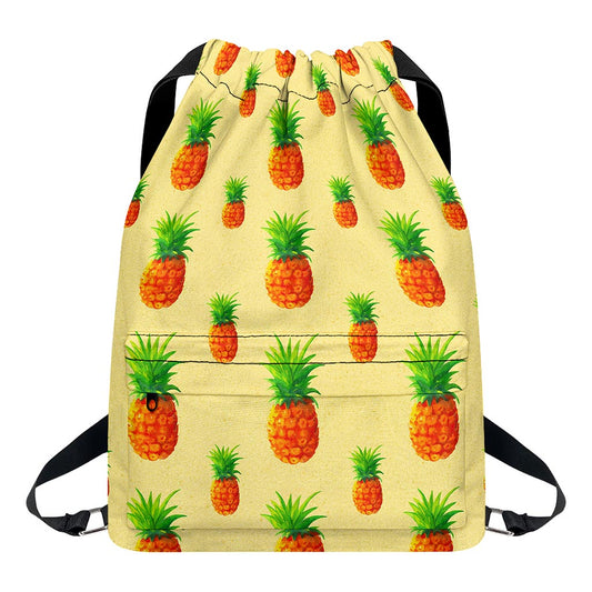 Beige Watercolor Pineapple Pattern Print Drawstring Backpack
