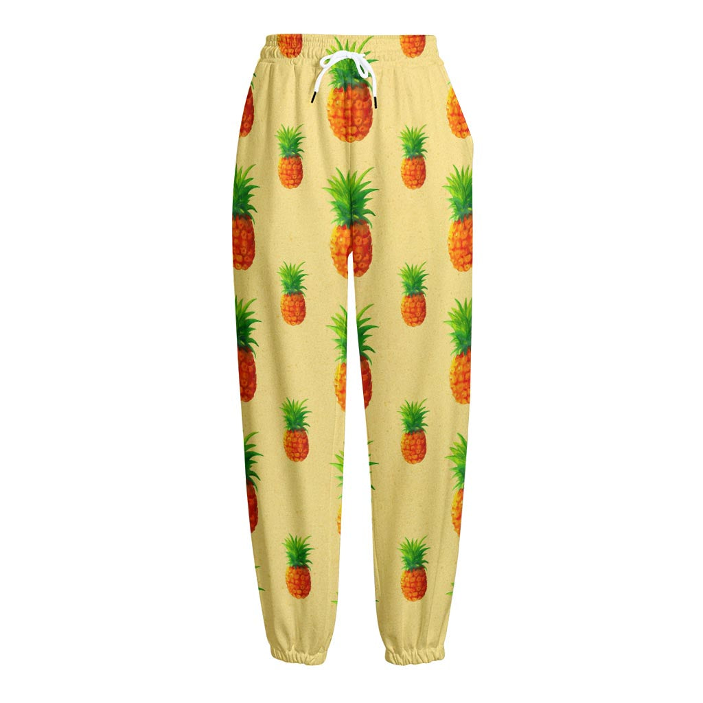 Beige Watercolor Pineapple Pattern Print Fleece Lined Knit Pants
