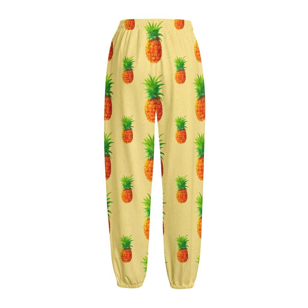Beige Watercolor Pineapple Pattern Print Fleece Lined Knit Pants