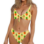 Beige Watercolor Pineapple Pattern Print Front Bow Tie Bikini