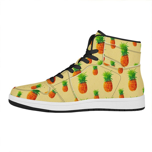 Beige Watercolor Pineapple Pattern Print High Top Leather Sneakers