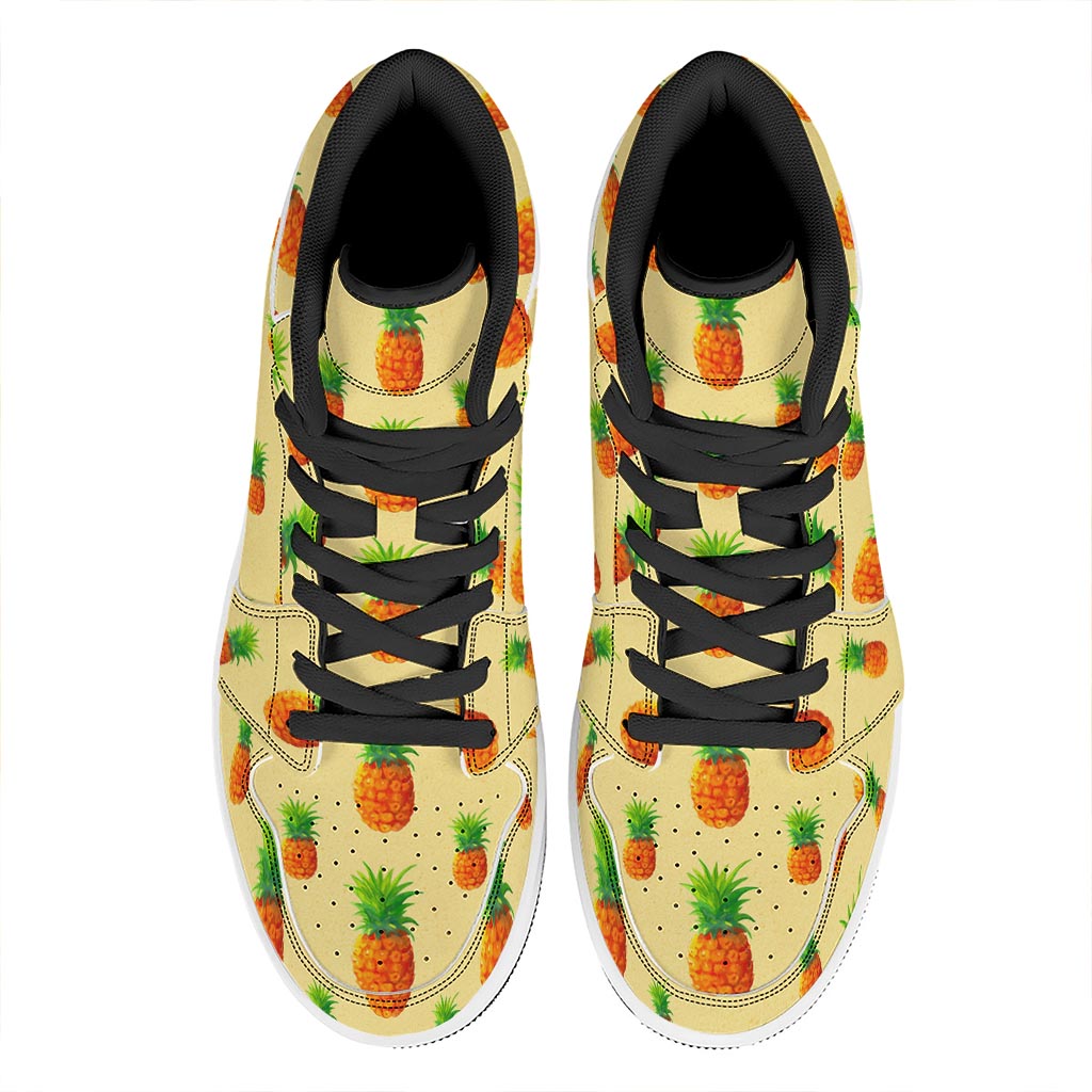 Beige Watercolor Pineapple Pattern Print High Top Leather Sneakers
