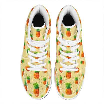 Beige Watercolor Pineapple Pattern Print High Top Leather Sneakers