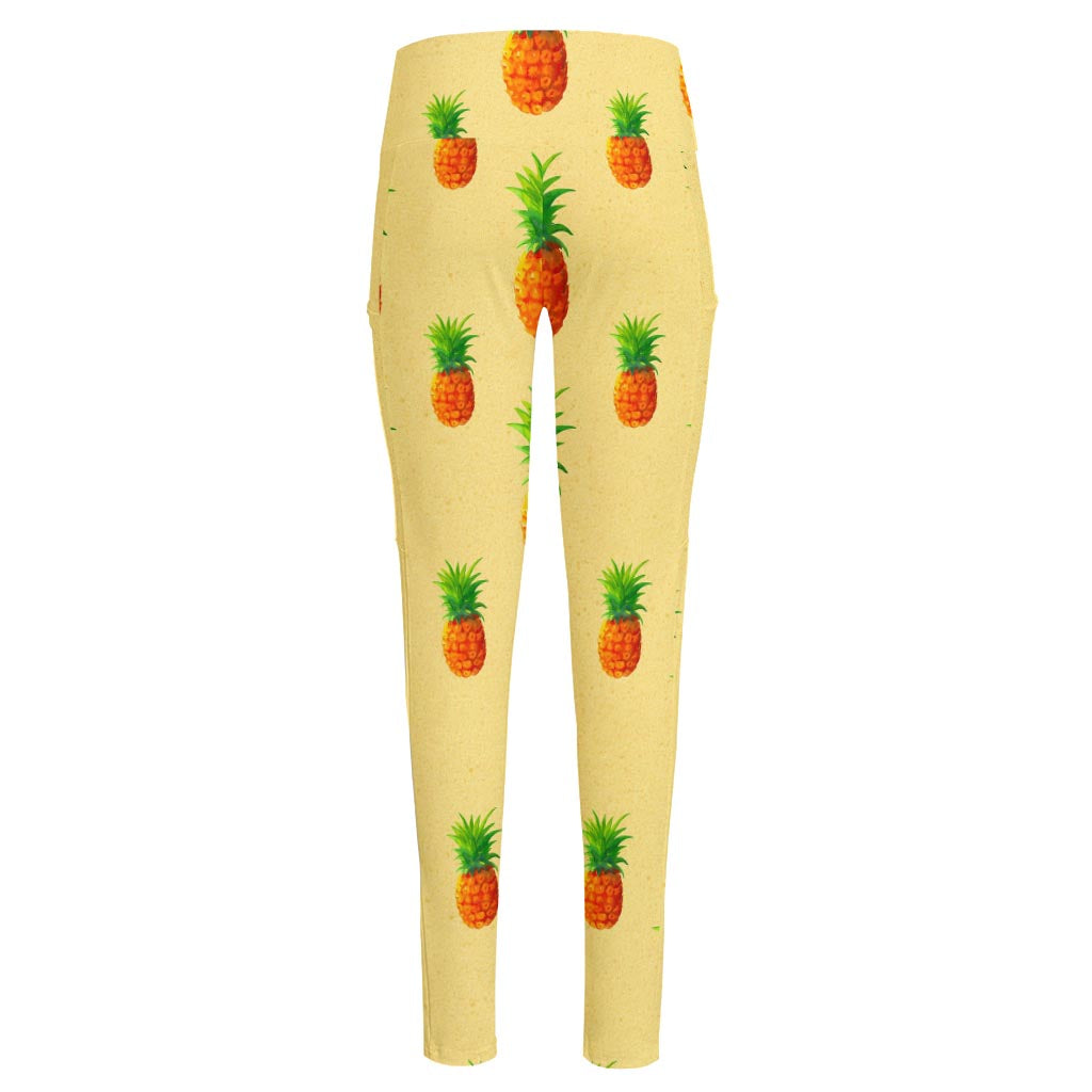 Beige Watercolor Pineapple Pattern Print High-Waisted Pocket Leggings