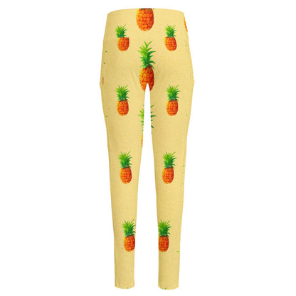 Beige Watercolor Pineapple Pattern Print High-Waisted Pocket Leggings