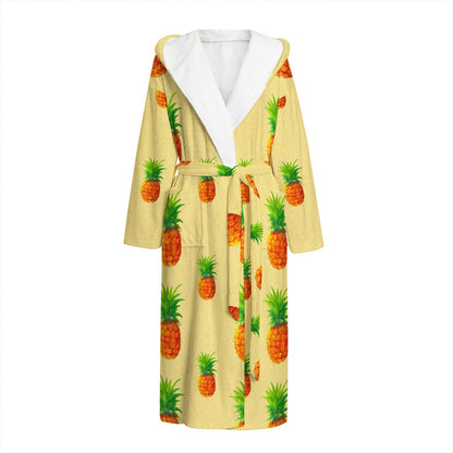Beige Watercolor Pineapple Pattern Print Hooded Bathrobe