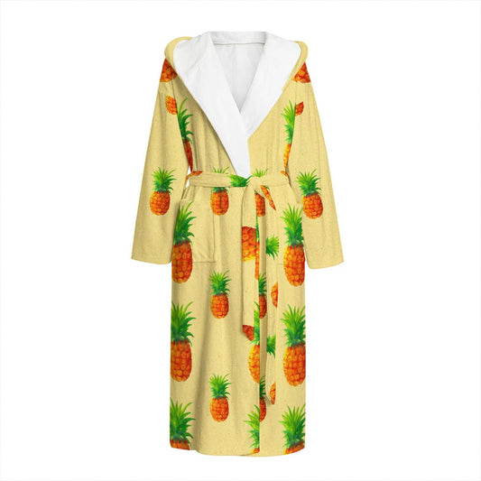 Beige Watercolor Pineapple Pattern Print Hooded Bathrobe