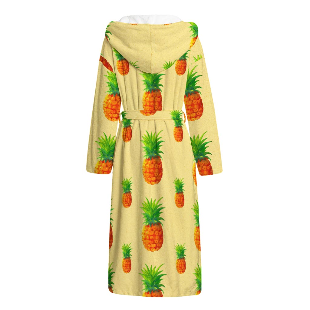Beige Watercolor Pineapple Pattern Print Hooded Bathrobe