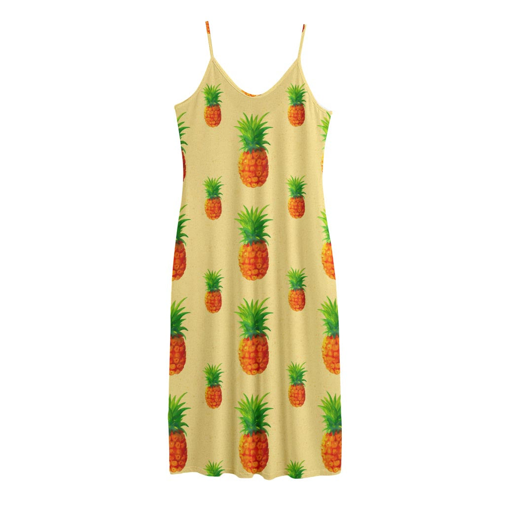 Beige Watercolor Pineapple Pattern Print Jersey Midi Cami Dress
