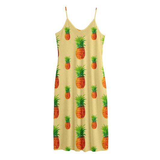 Beige Watercolor Pineapple Pattern Print Jersey Midi Cami Dress