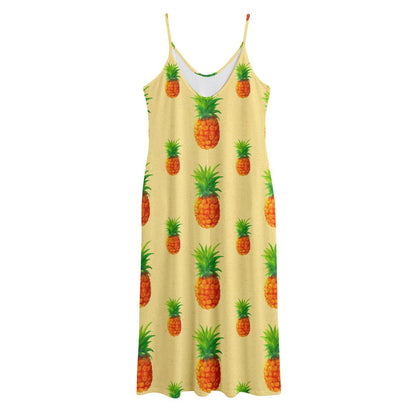 Beige Watercolor Pineapple Pattern Print Jersey Midi Cami Dress