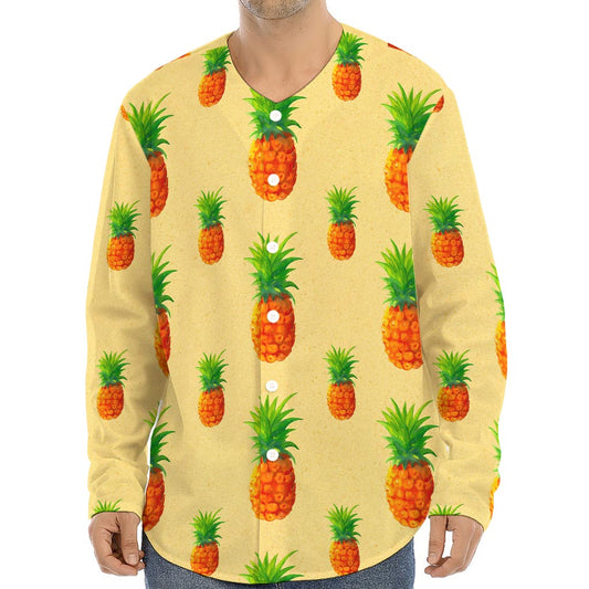 Beige Watercolor Pineapple Pattern Print Long Sleeve Baseball Jersey