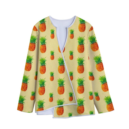 Beige Watercolor Pineapple Pattern Print Long Sleeve Short Coat