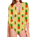 Beige Watercolor Pineapple Pattern Print Long Sleeve Swimsuit