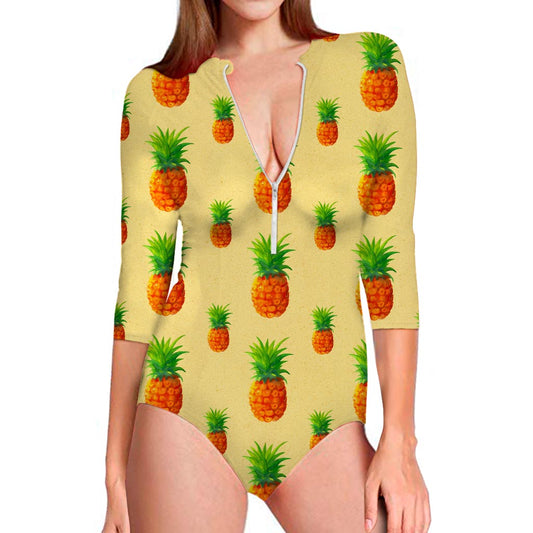 Beige Watercolor Pineapple Pattern Print Long Sleeve Swimsuit