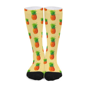 Beige Watercolor Pineapple Pattern Print Long Socks