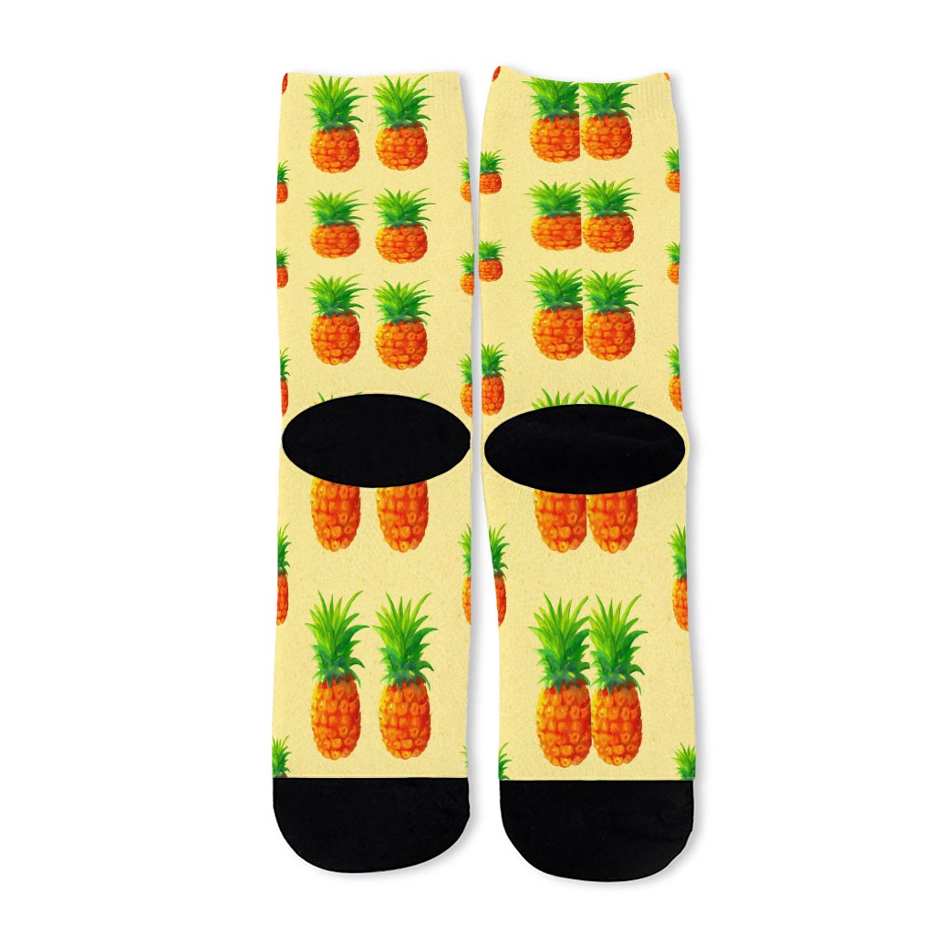 Beige Watercolor Pineapple Pattern Print Long Socks