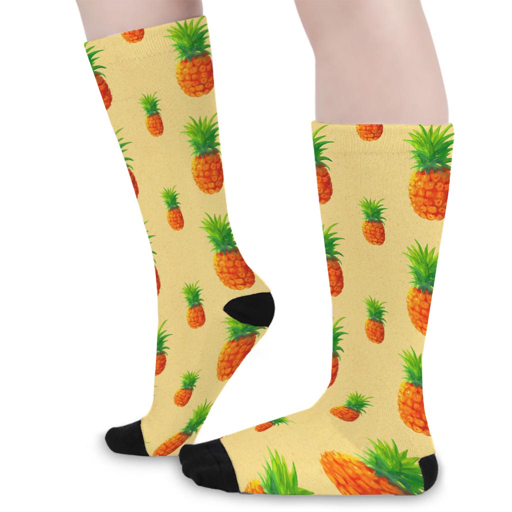 Beige Watercolor Pineapple Pattern Print Long Socks