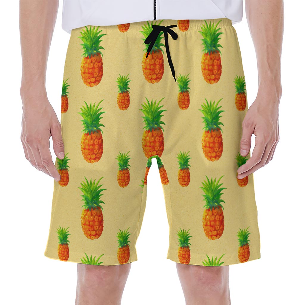 Beige Watercolor Pineapple Pattern Print Men's Beach Shorts