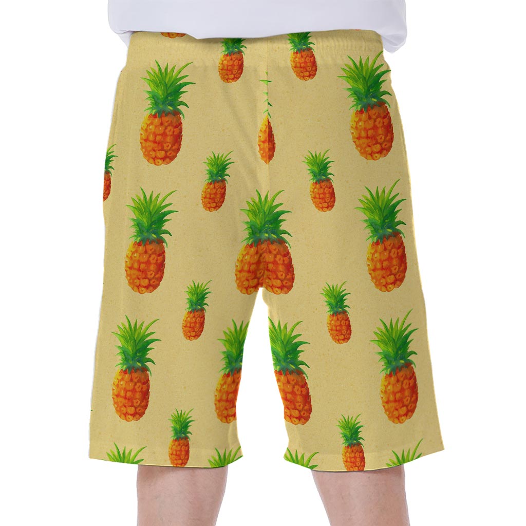 Beige Watercolor Pineapple Pattern Print Men's Beach Shorts