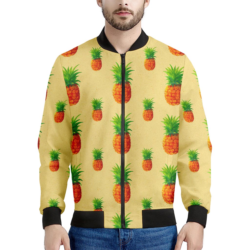 Beige Watercolor Pineapple Pattern Print Men's Bomber Jacket
