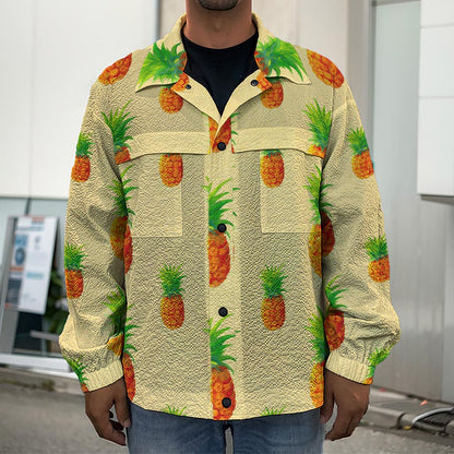 Beige Watercolor Pineapple Pattern Print Men's Shirt Jacket