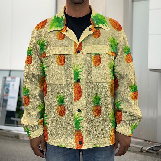 Beige Watercolor Pineapple Pattern Print Men's Shirt Jacket