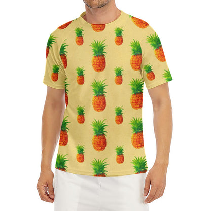 Beige Watercolor Pineapple Pattern Print Men's Short Sleeve Rash Guard