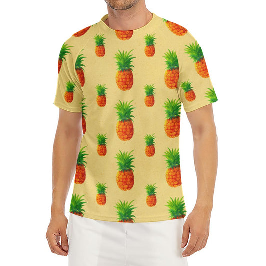 Beige Watercolor Pineapple Pattern Print Men's Short Sleeve Rash Guard