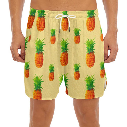 Beige Watercolor Pineapple Pattern Print Men's Split Running Shorts