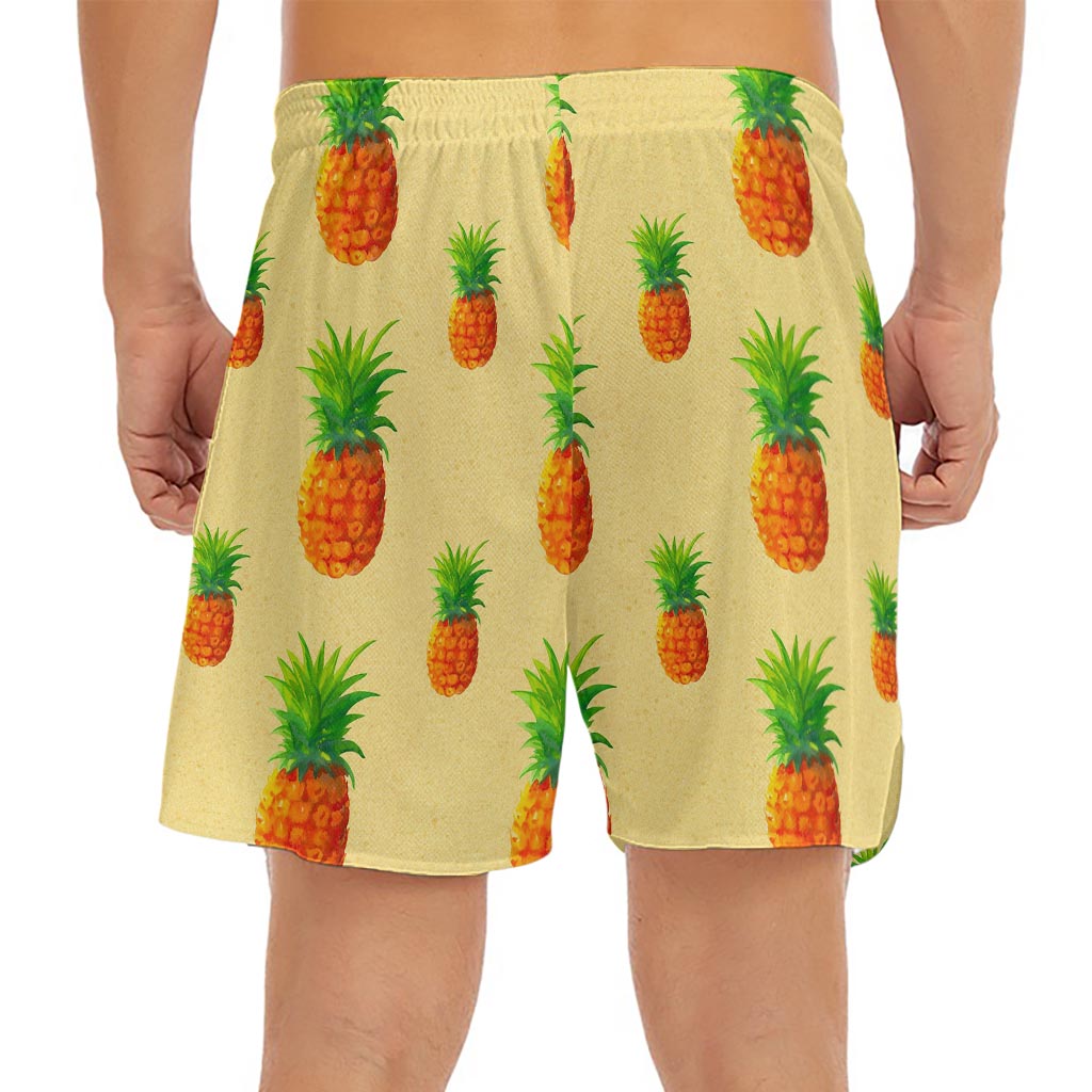 Beige Watercolor Pineapple Pattern Print Men's Split Running Shorts