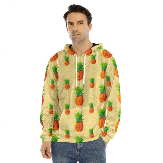 Beige Watercolor Pineapple Pattern Print Men's Velvet Pullover Hoodie