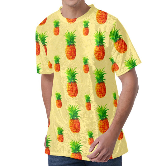 Beige Watercolor Pineapple Pattern Print Men's Velvet T-Shirt