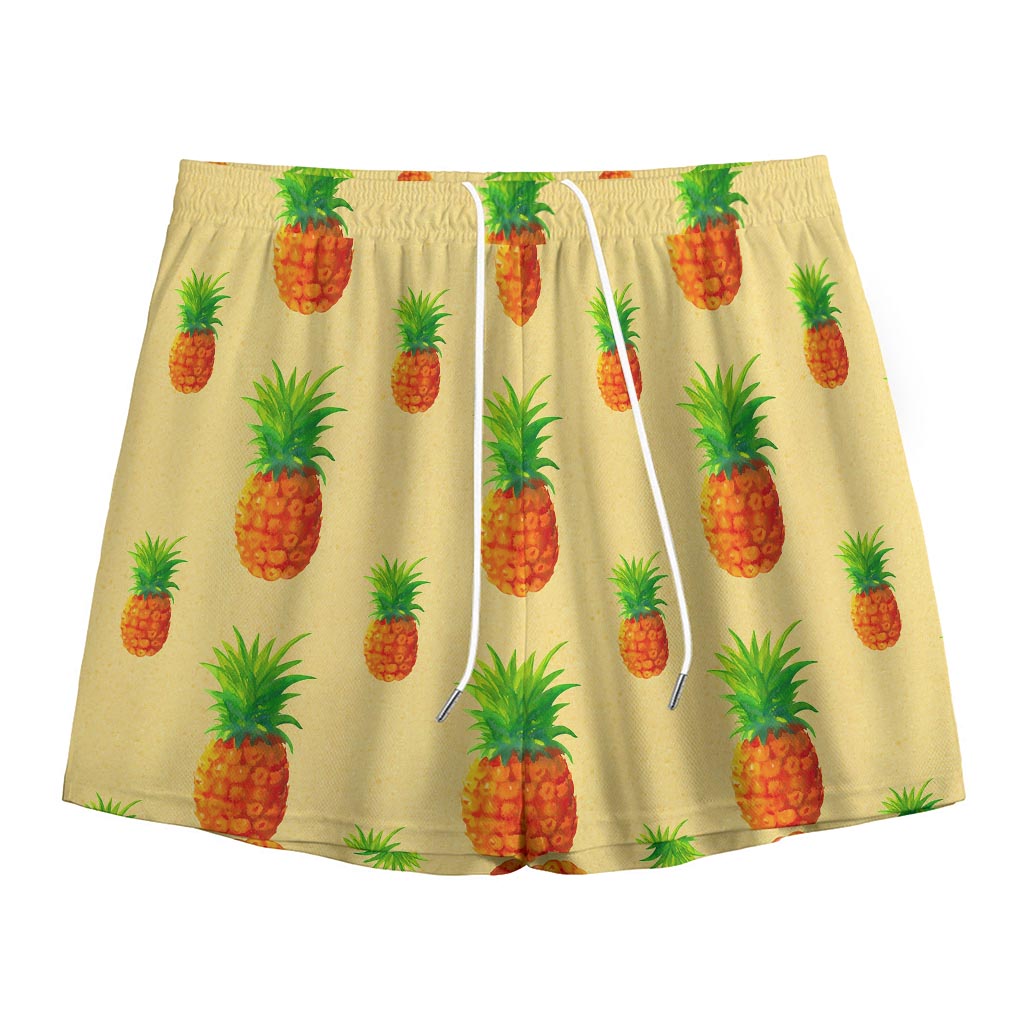 Beige Watercolor Pineapple Pattern Print Mesh Shorts
