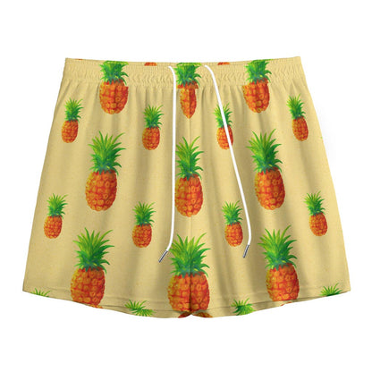 Beige Watercolor Pineapple Pattern Print Mesh Shorts
