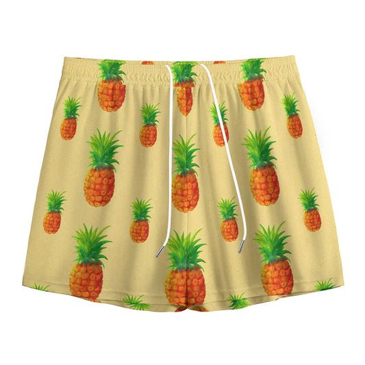 Beige Watercolor Pineapple Pattern Print Mesh Shorts