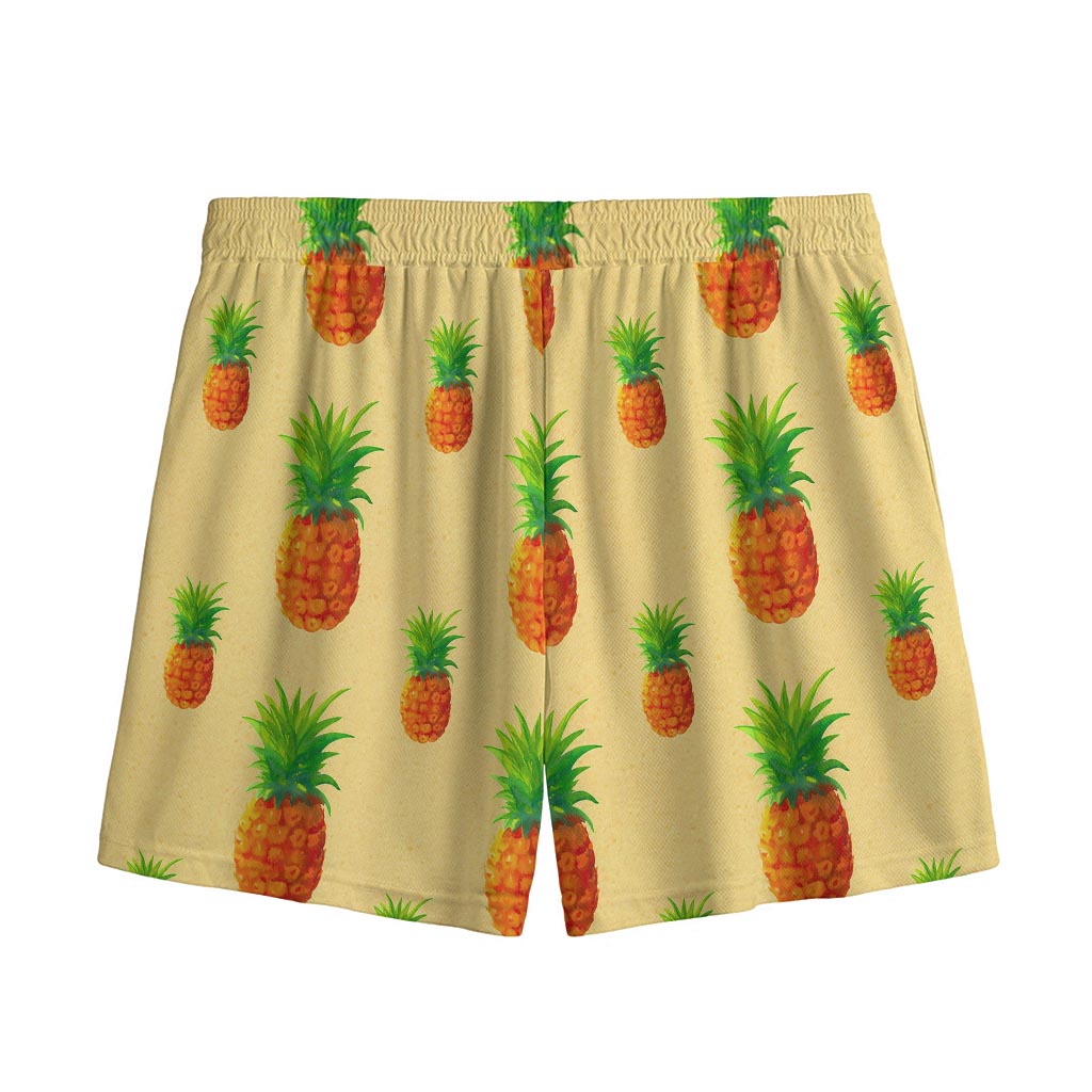 Beige Watercolor Pineapple Pattern Print Mesh Shorts