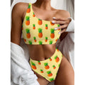 Beige Watercolor Pineapple Pattern Print One Shoulder Bikini Set
