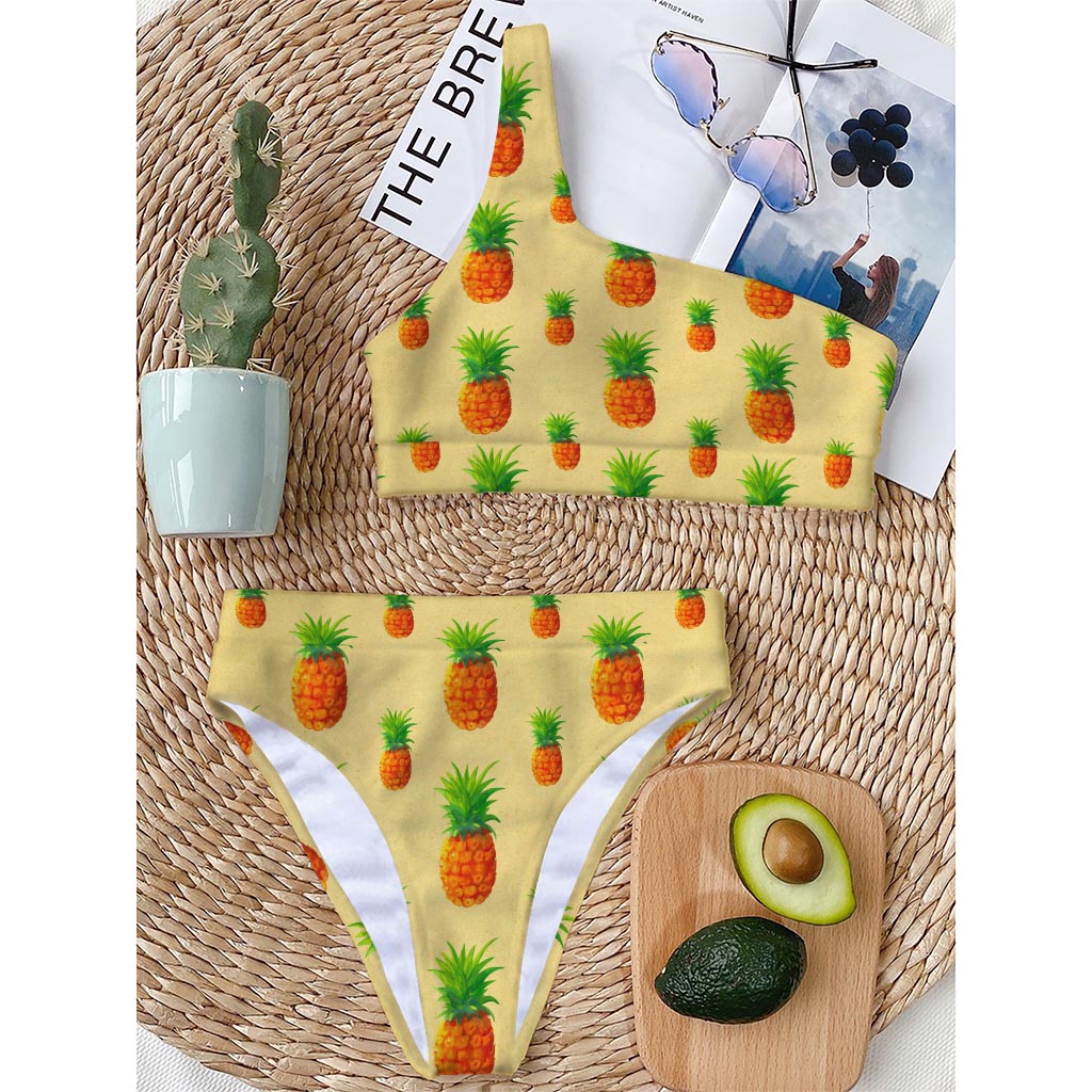 Beige Watercolor Pineapple Pattern Print One Shoulder Bikini Top