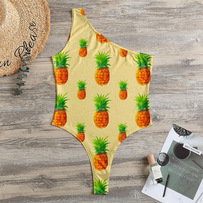 Beige Watercolor Pineapple Pattern Print One Shoulder Bodysuit