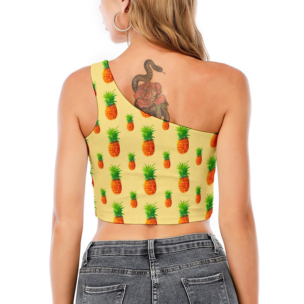 Beige Watercolor Pineapple Pattern Print One Shoulder Crop Top
