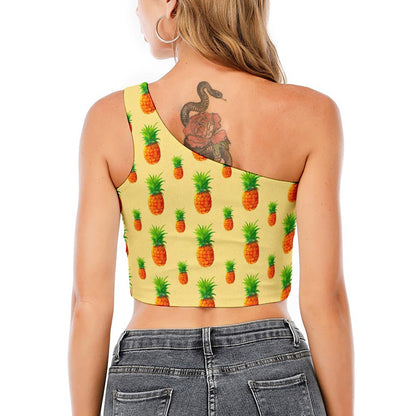 Beige Watercolor Pineapple Pattern Print One Shoulder Crop Top