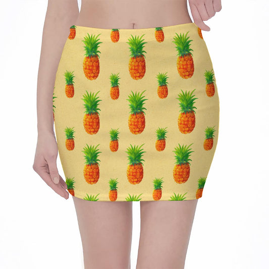 Beige Watercolor Pineapple Pattern Print Pencil Mini Skirt