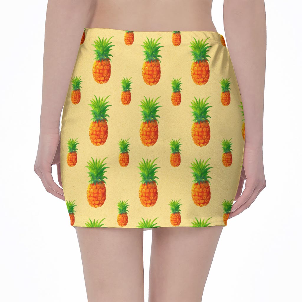 Beige Watercolor Pineapple Pattern Print Pencil Mini Skirt